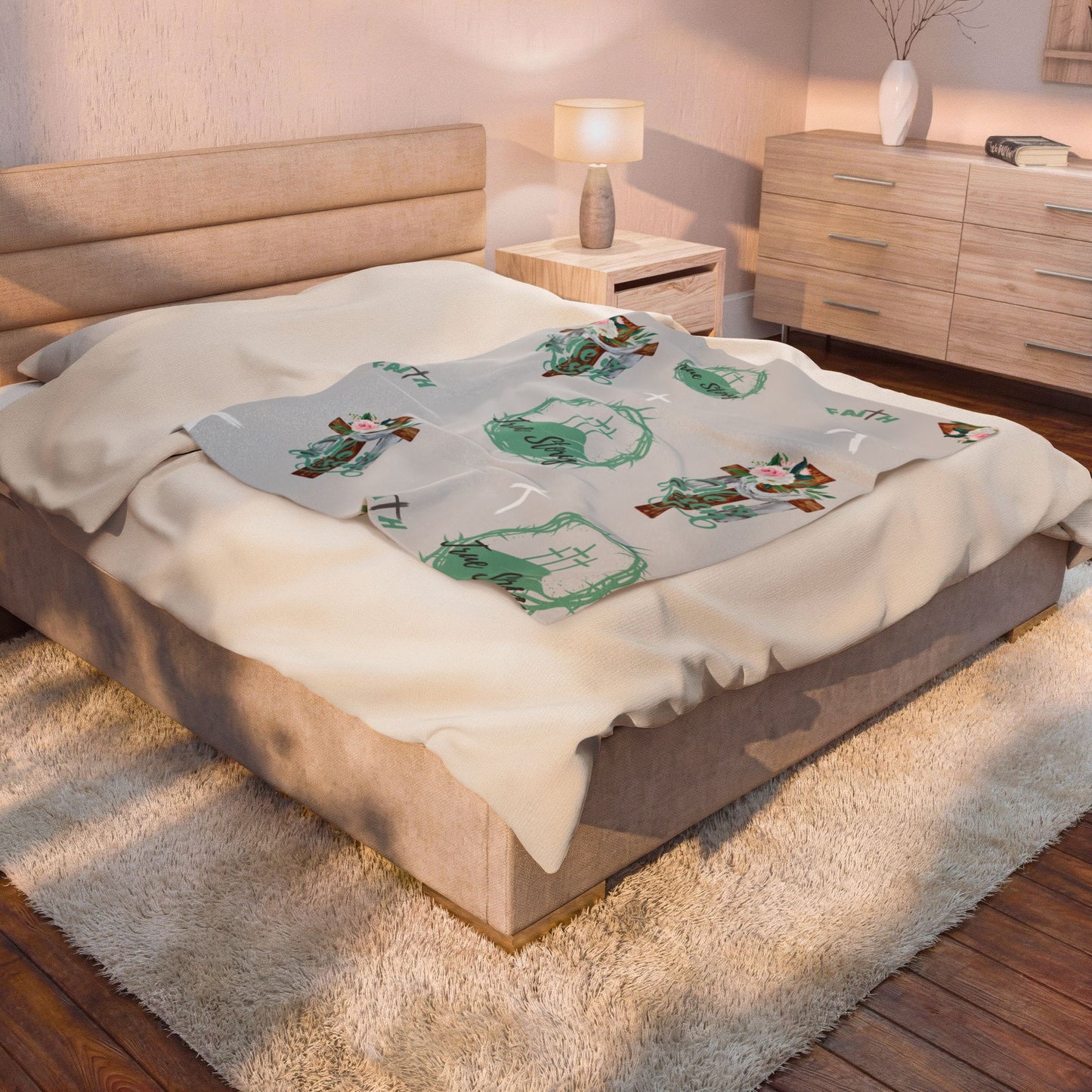 Easter Spring Velveteen Plush Blanket – 'True Story' Cross & Floral Christian Throw