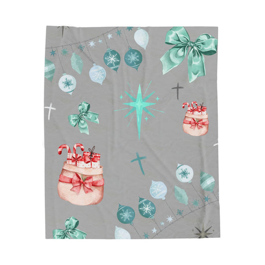 Christmas Velveteen Plush Blanket - Mint & Gray Holiday Ornament Pattern