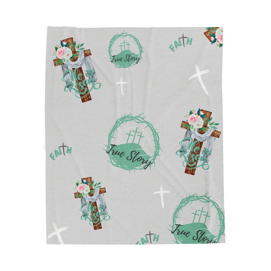 Easter Spring Velveteen Plush Blanket – 'True Story' Cross & Floral Christian Throw