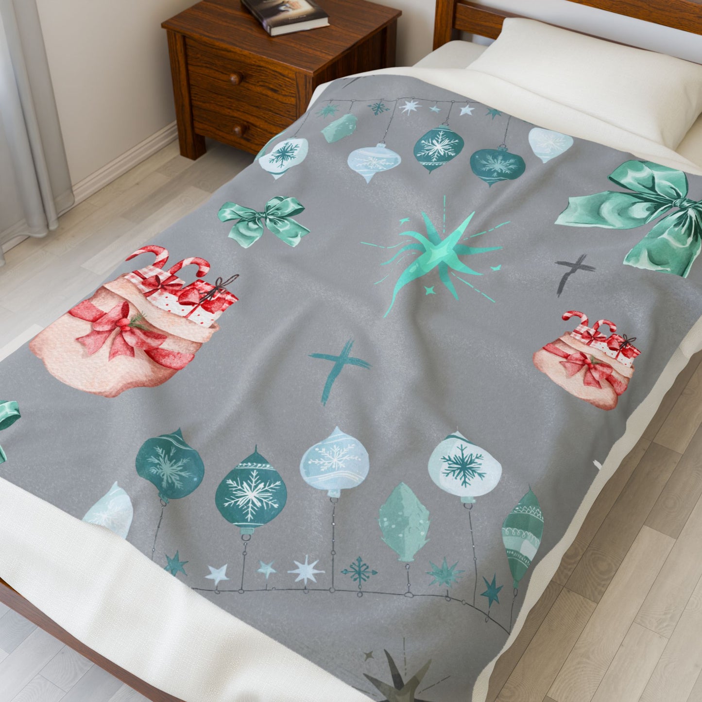 Christmas Velveteen Plush Blanket - Mint & Gray Holiday Ornament Pattern