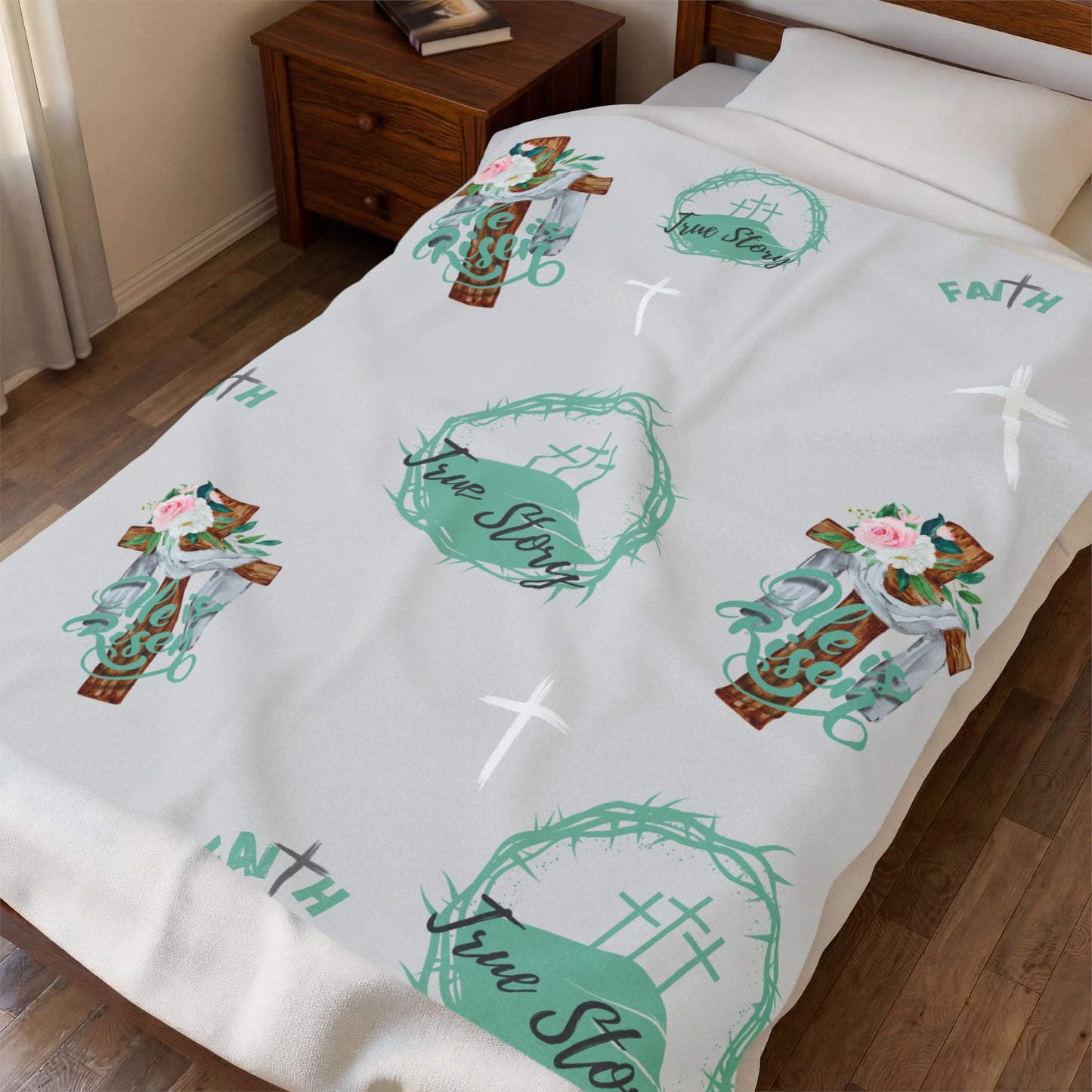 Easter Spring Velveteen Plush Blanket – 'True Story' Cross & Floral Christian Throw